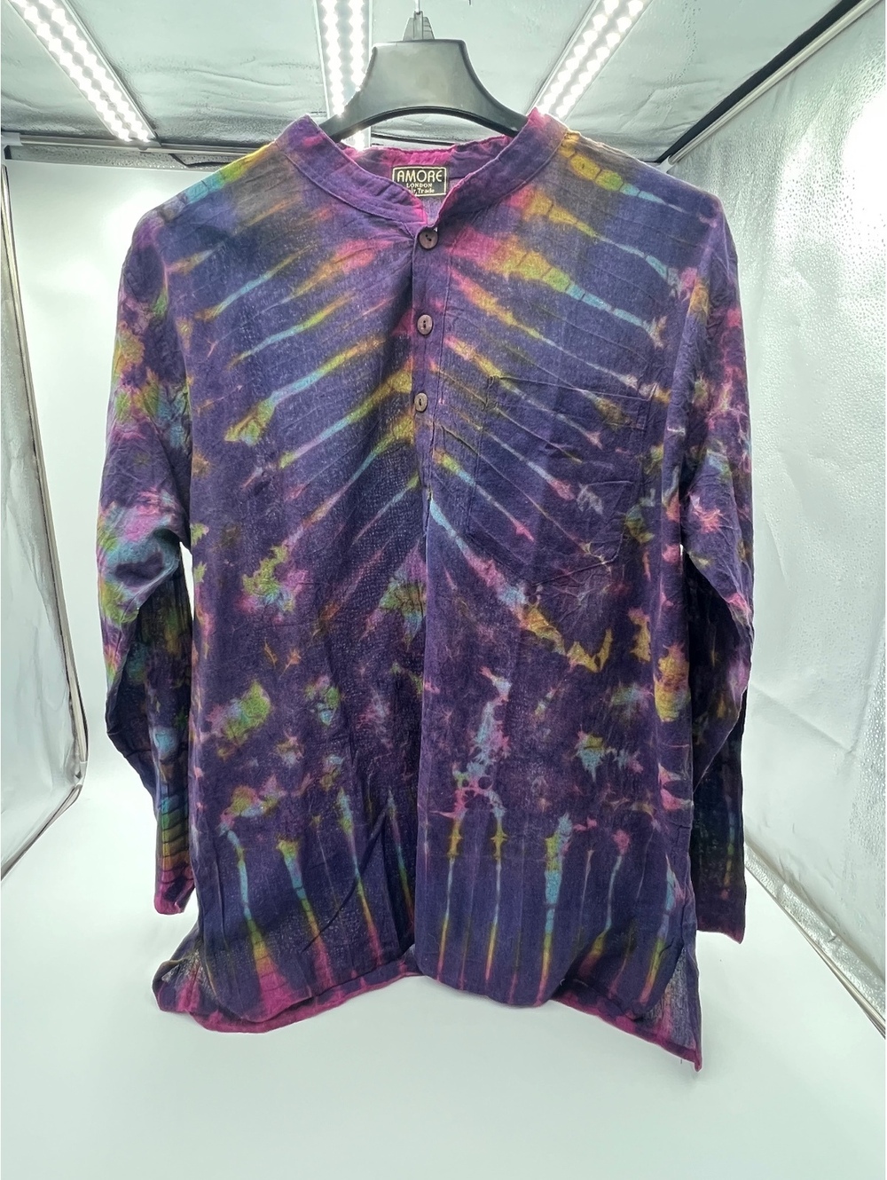 Amore London Fair Trade XXL Purple Tie Dye Henley Boho 60s 70s Shirt